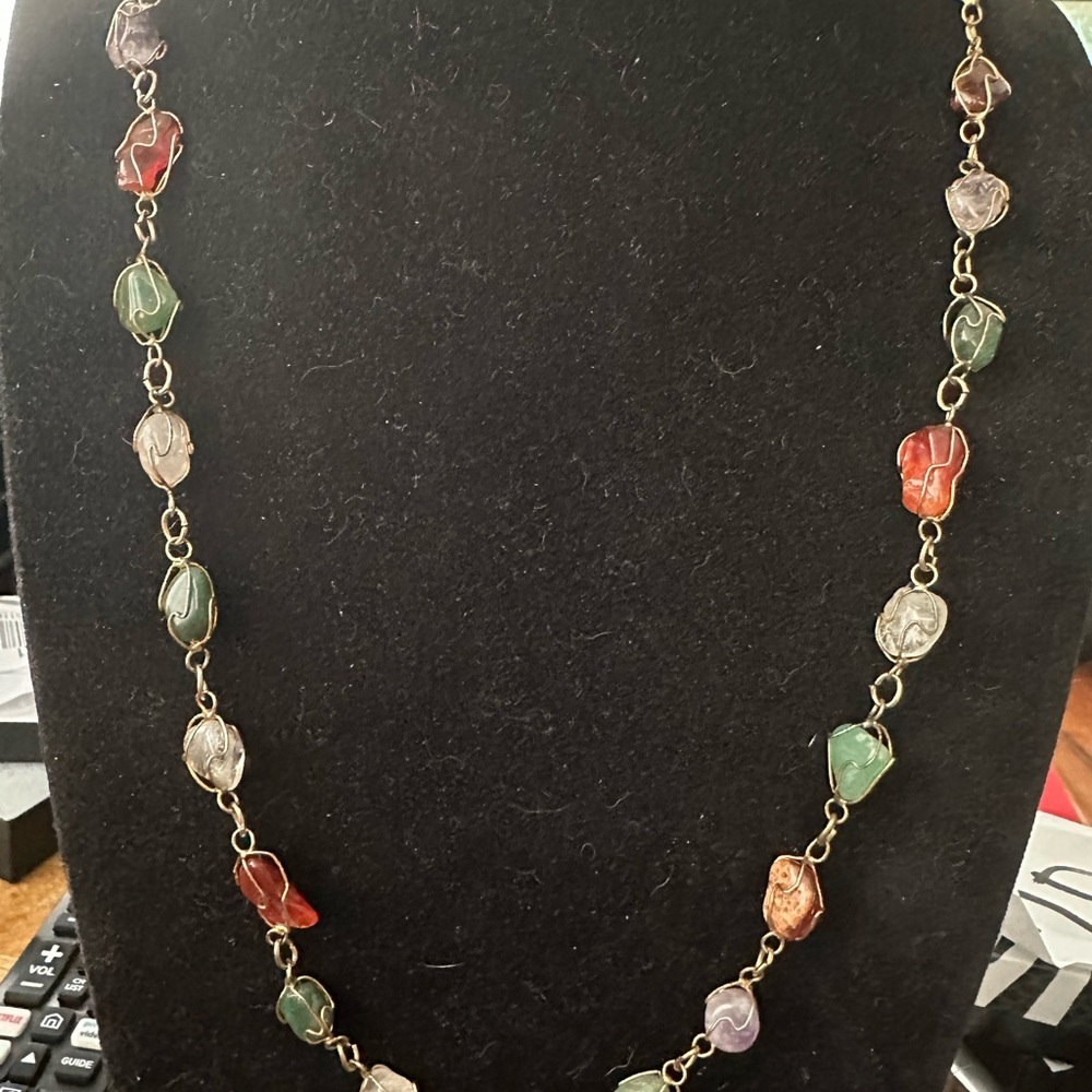 Vintage Caged Multicolor Gemstone Necklace 24" Gold Tone Chain